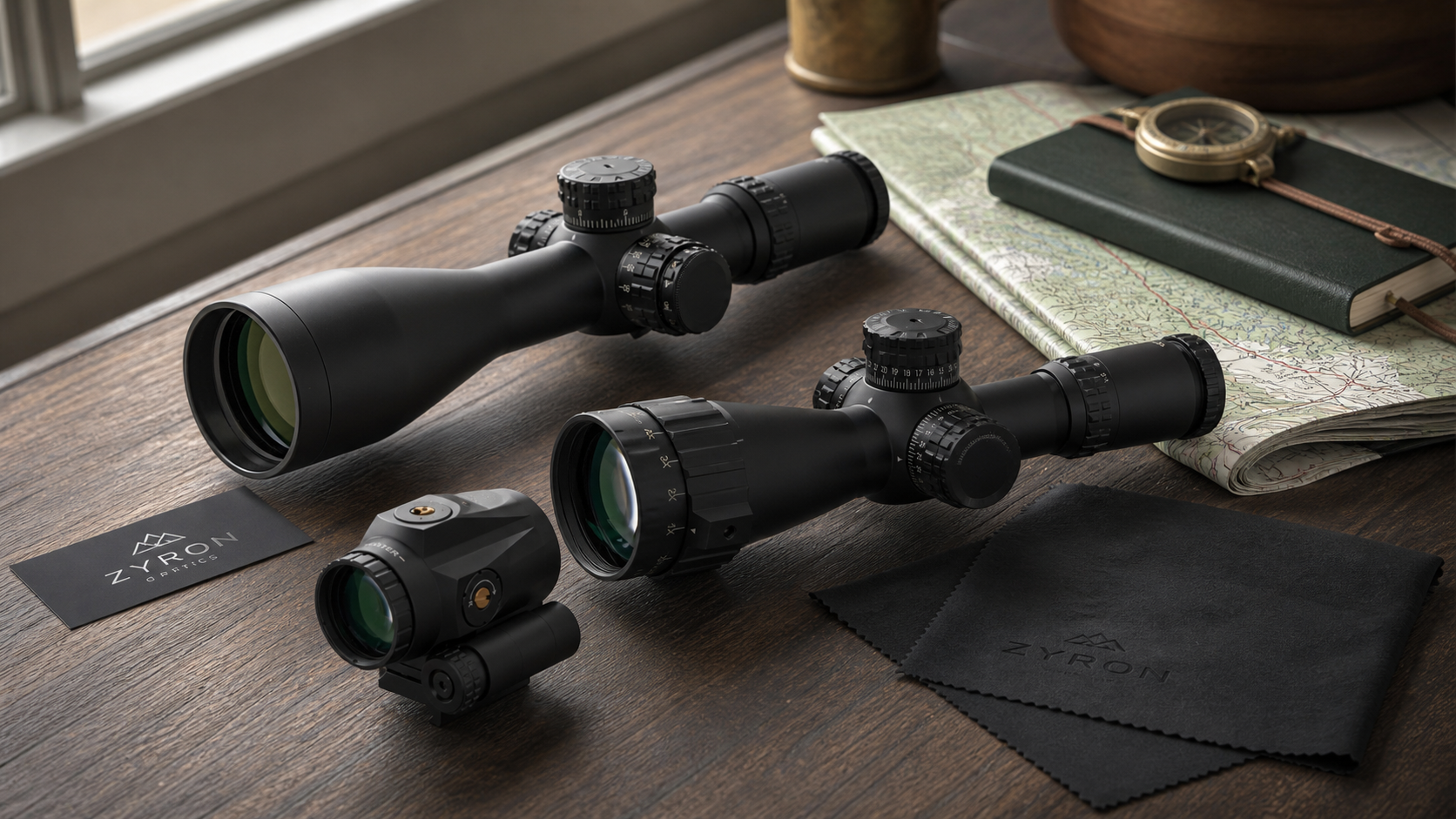 ZYRON Optics brand story cover with riflescopes on a field workbench