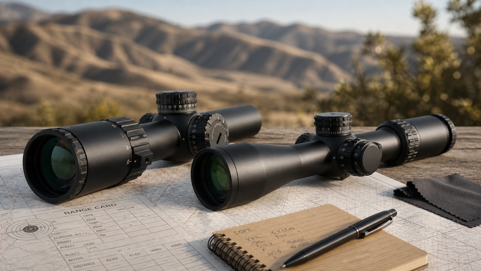 ZYRON modern riflescope guide cover with scopes on an outdoor range planning table