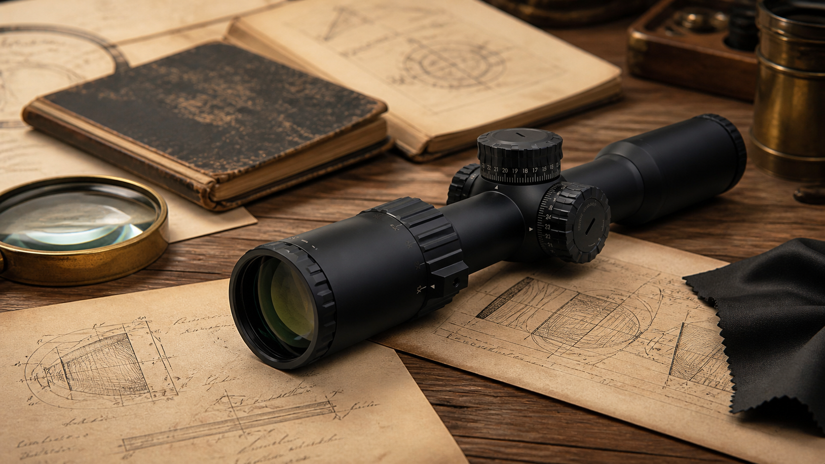 ZYRON riflescope history cover with modern optics and vintage lens sketches
